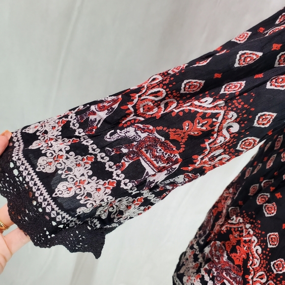 NWT [Angie] Boho Elephant Lace Tassel Cold Shoulder Top Black  S Festival Hippie - Picture 7 of 14